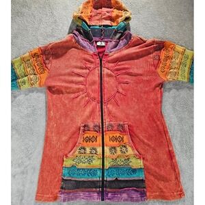 GreaterGood Boho Patchwork Zip Up Hoodie Sun Embroidery Nepal Jacket L/XL